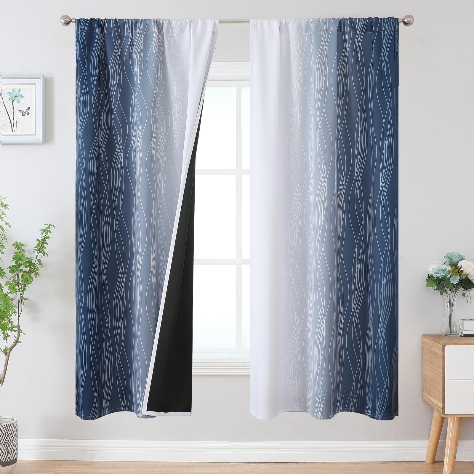 Estelar Textiler Navy Blue and Greyish White Blackout Curtains 72 Inch Length, Light Blocking Gradient Drapes for Bedroom, Thermal Insulated Rod