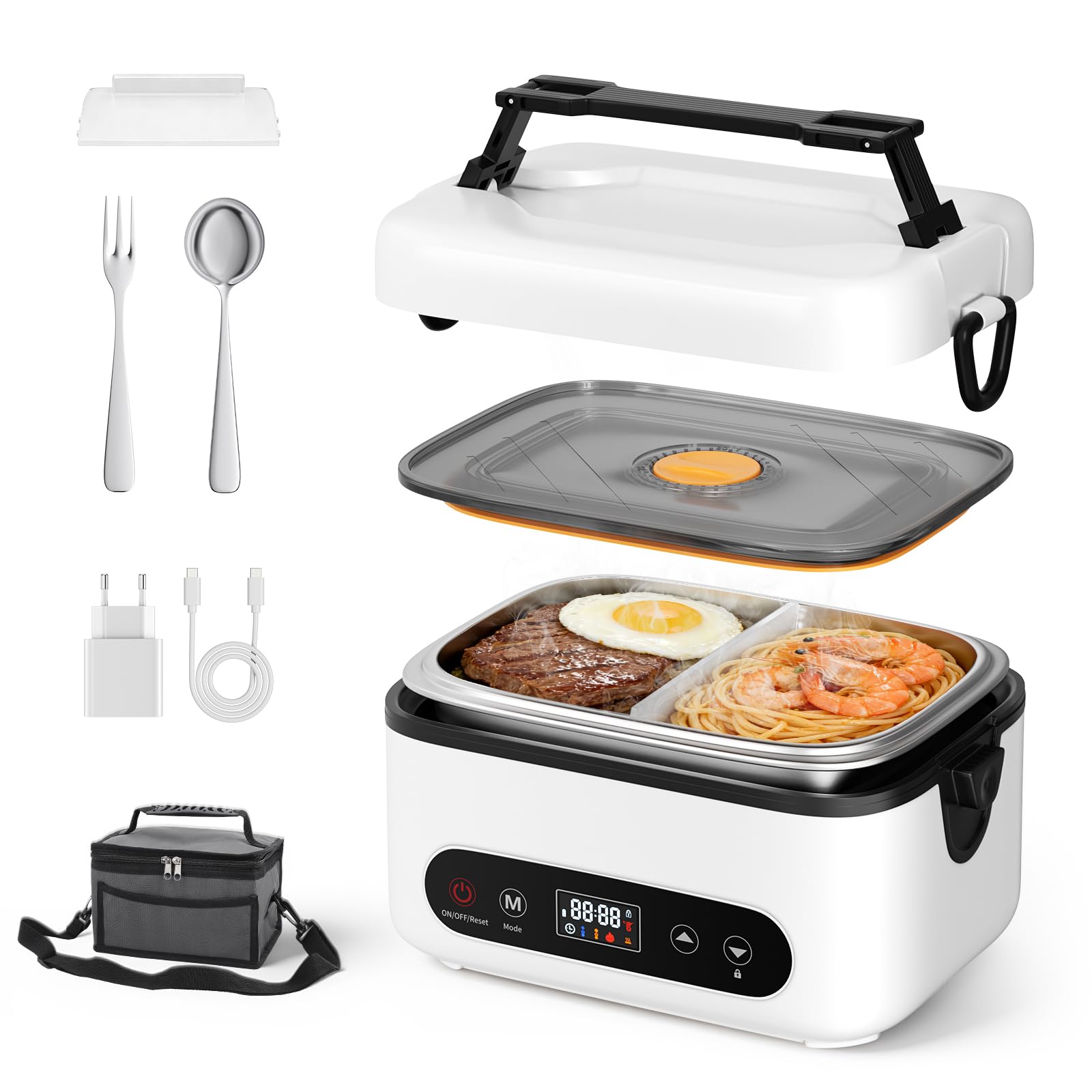 Scaldavivande Elettrico, 1.2L Scatola a pranzo Intelligente Riscaldante con Schermo Tattile, Scatola a Pranzo Riscaldante Senza Filo con Piatto in Acciaio Inossidabile e Sacco Isotermico