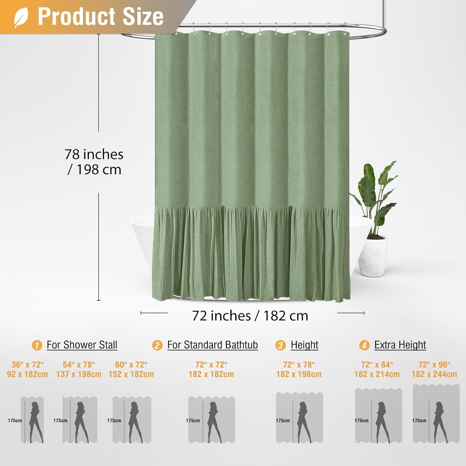 BTTN 78 Inch Long Linen Shower Curtain Set - Farmhouse Thick Fabric, Tall Rustic Shabby Chic Country Cloth for Bathroom with Ruffle Hem - Green - 72x78