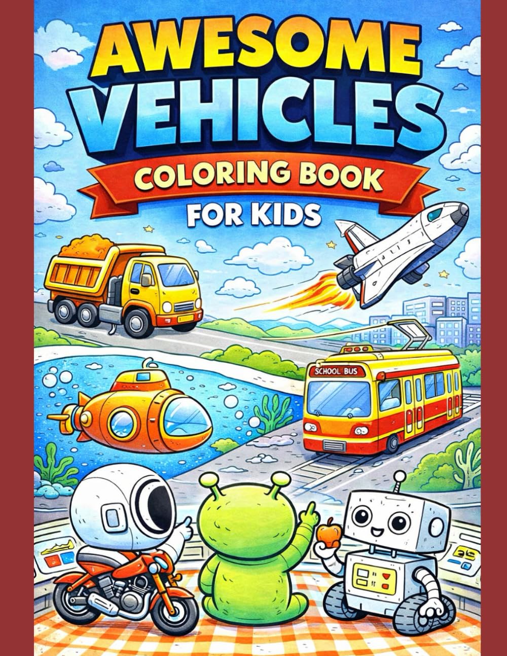 Awesome Vehicles Coloring Book For Kids: 24 Pages of Fun Trucks, Motorcycles, Space Shuttles, Submarines, Trams & More!