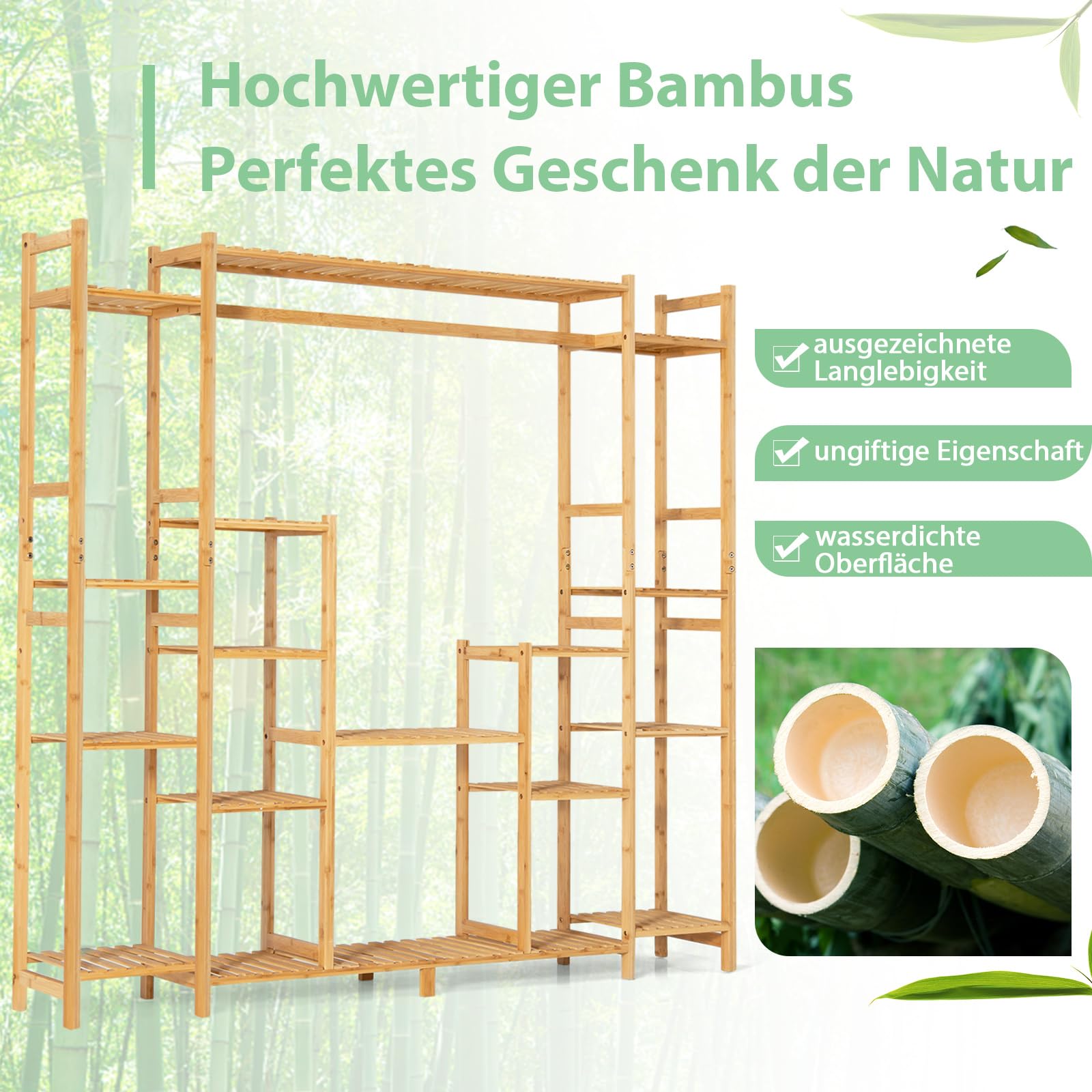 COSTWAY Pflanzenregal Bambus, Standregal mit 9 Ebenen, Raumteiler Blumenregal mit Hängegestell, Treppenregal Stufenregal Pflanzenständer, Bambusregal für Wohnzimmer Balkon, 167 x 30 x 166 cm