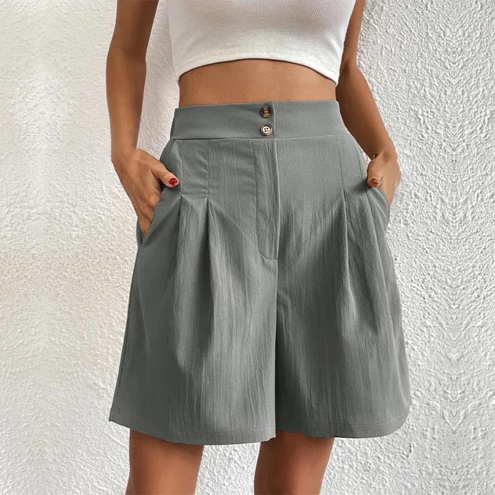 Women Solid Double Button Shorts High Waist Straight Comfortable Loose Summer Shorts