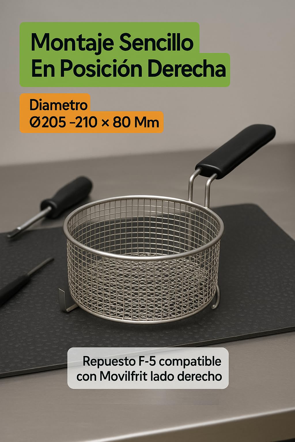 CubetasGastronorm Cesta Derecha Freidora Compatible Movilfrit F-5 Acero Inoxidable Ø205x80 mm Profesional Hostelería Mango Aislante Estructura Reforzada Código P 907035