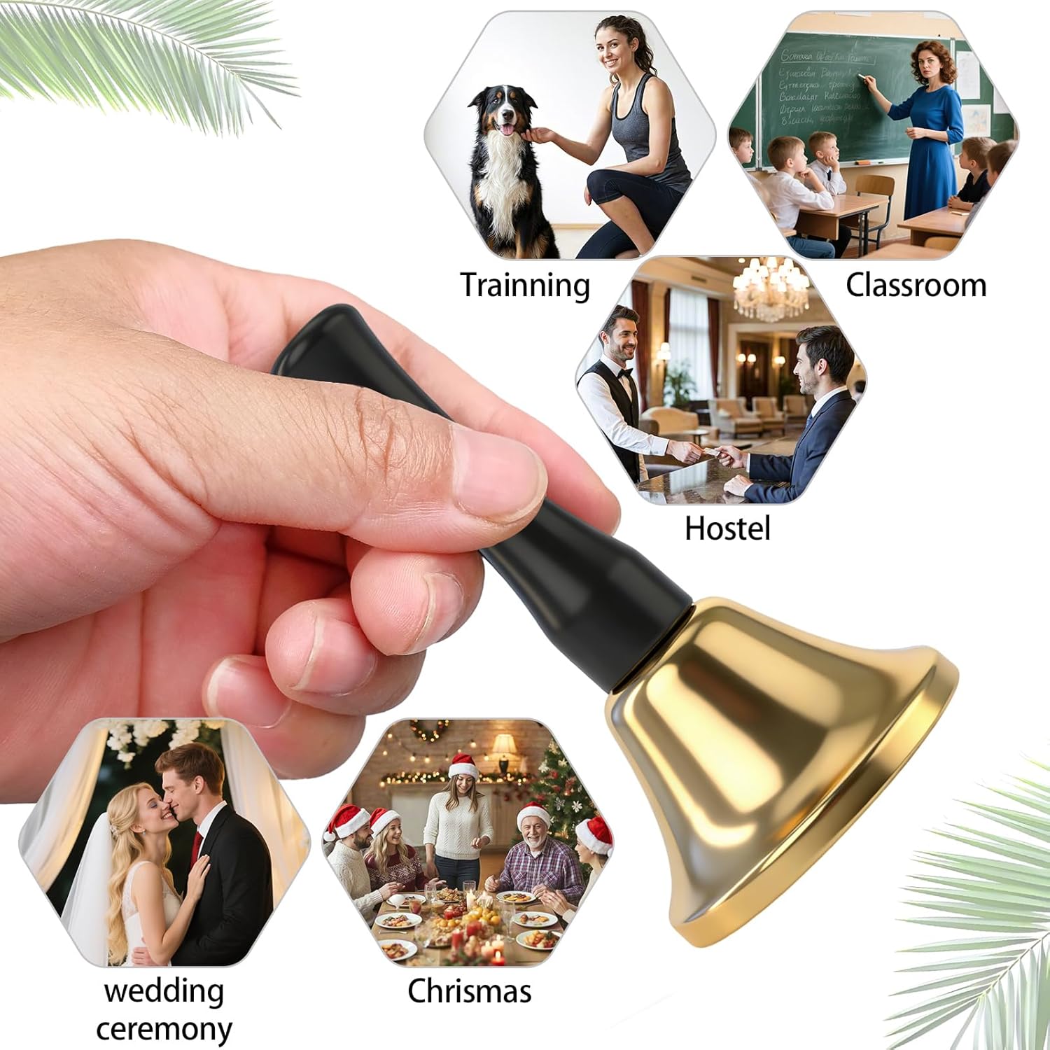 60 Pcs Small Steel Hand Bells Bulk with Wood Handles Gold Call Handbells Dinner Service Bells for Adults Sick Elderly Teachers Classroom Church