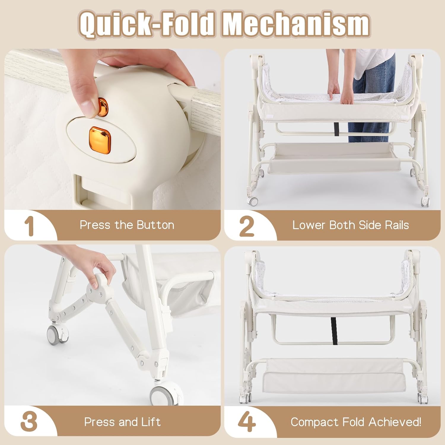 Baby Bassinets Bedside Sleeper 5 in 1,Bedside Bassinet for Baby with Mattress,Diaper changer, Storage Layer,Mosquito Net,7-level adjustable height , one-touch folding for travel with infants(Beige)