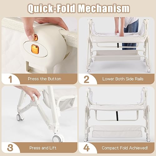 Miniatura 3 de Cuna de bebé 5 en 1, moisés de noche para bebé con colchón, mesa de pañales, capa de almacenamiento, mosquitera, altura ajustable de 7 niveles,