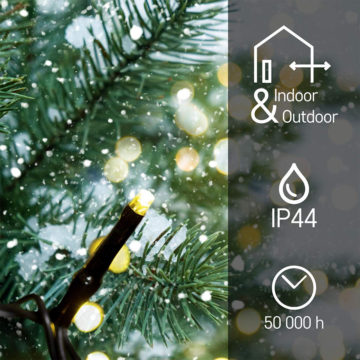 EMOS Guirlande lumineuse LED type Classic Blanc Chaud, longueur 50 m, 500 LED, 230 V avec prise, avec fonction de minuterie, pour un usage intérieur et extérieur, protection IP44, Sapin de Noël