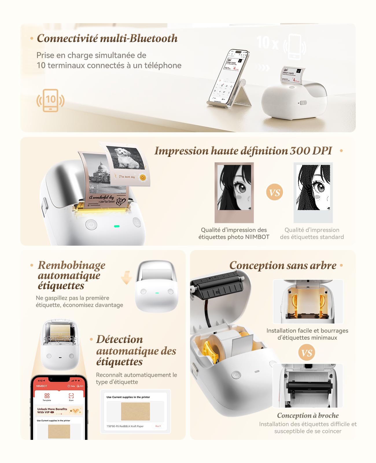 NIIMBOT B2Pro Étiqueteuse 300 DPI, imprimante d'étiquettes Autocollantes, Connexion Bluetooth pour téléphone et PC, avec 1 Rouleau d'étiquettes pour la Maison,Cuisine, Le Bureau, l'école