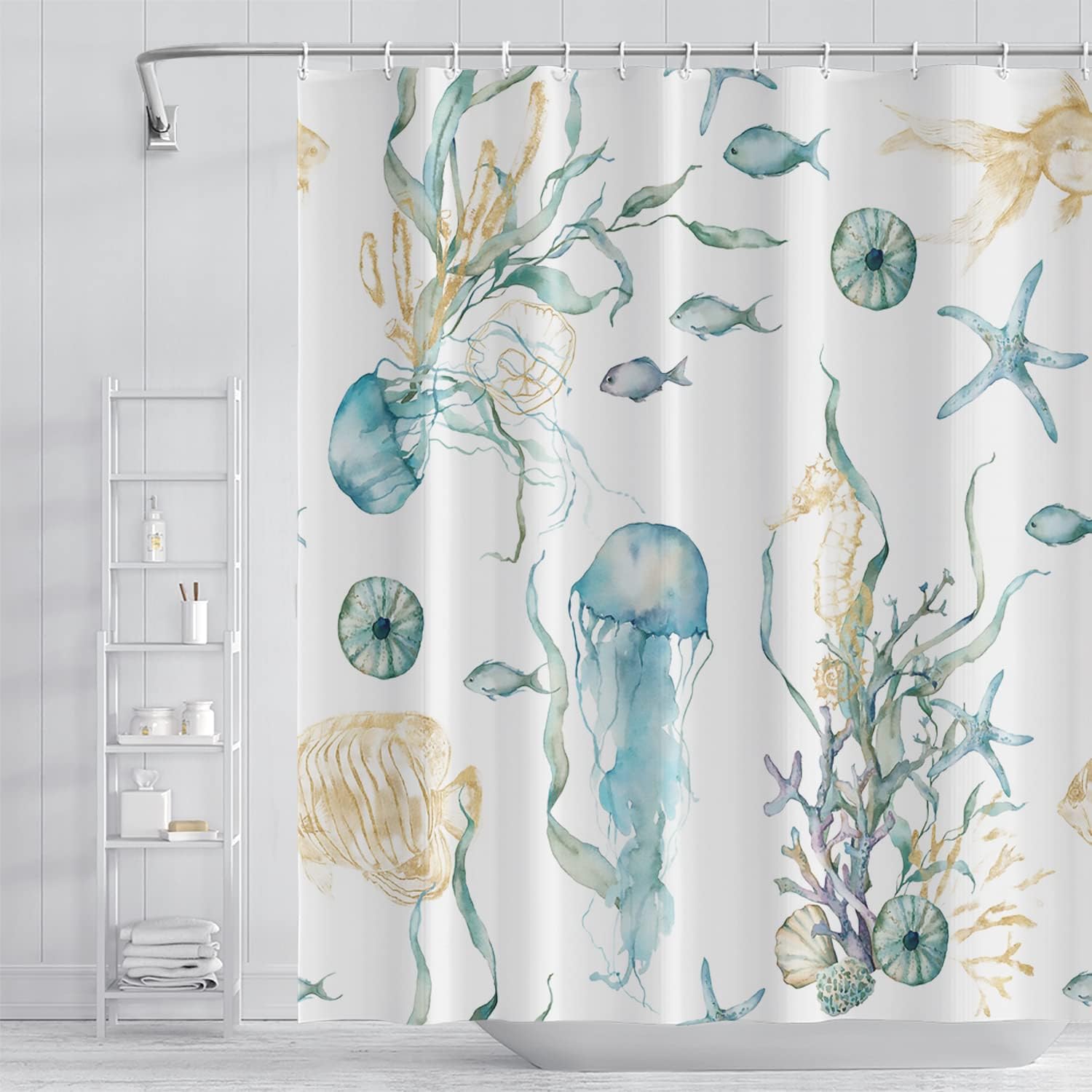 Jellyfish Shower Curtain for Kids Bathroom Underwater World Sea Life Marine Themed Shower Curtain Waterproof Durable Fabric Artistic Home Decor Shower Curtain with Hooks, 72x72 Inch