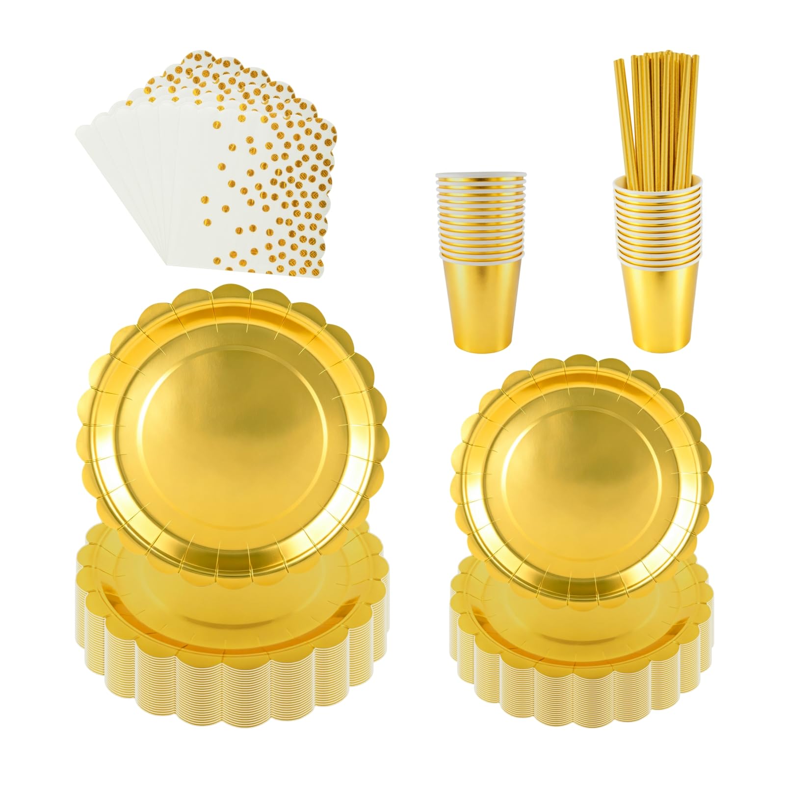PHUNAT Glossy Gold Scallop Edge Paper Plates Set for 25 Guests