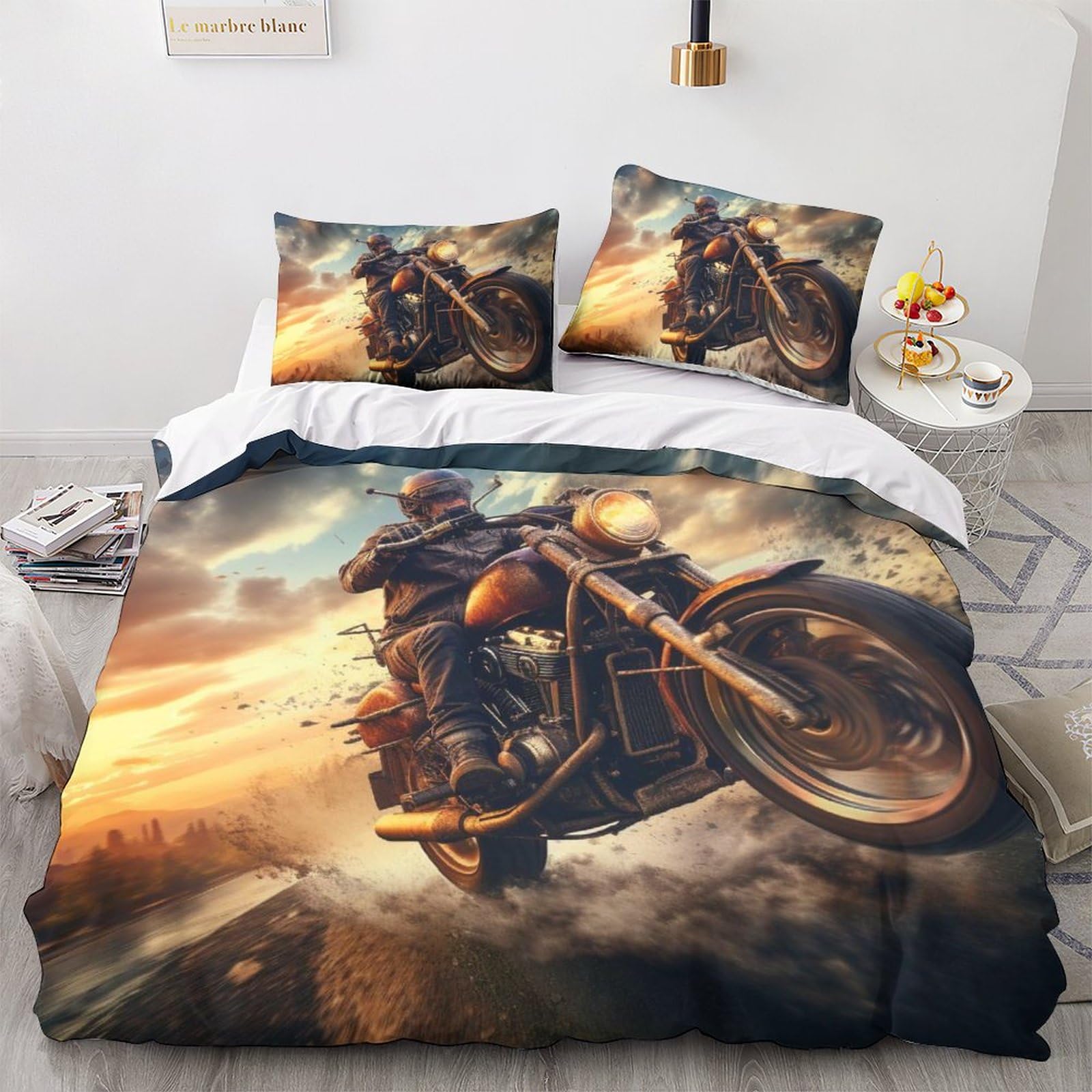 GEEYOU Male Rider Warmth to Sleep Duvet Cover Set Hidden Zipper Motorbikes Quilt Cover Set with Pillowcases Bedding Set Soft Microfiber Comforter Cover Various Sizes King（220x240cm）