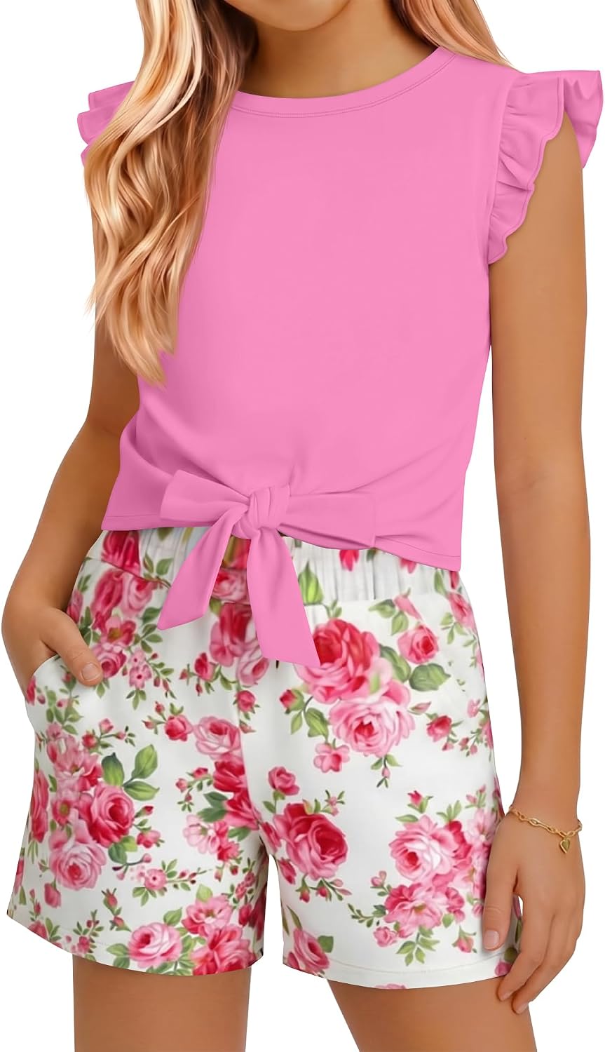 Xaatren Girls 2 Piece Outfits Summer Ruffle Short Sleeve Shirts and Shorts Set Kids Hawaiian Cute Clothes 5-14 Years