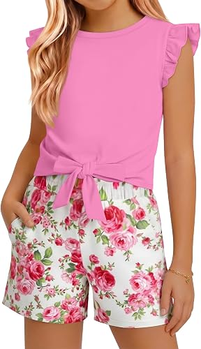 Xaatren Girls 2 Piece Summer Ruffle Outfits, Pink, 11-12 Years