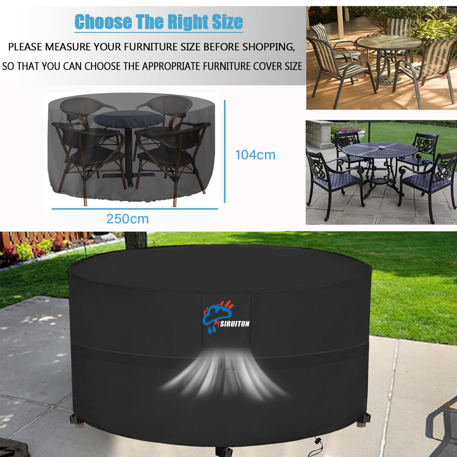 SIRUITON diameter 250x104cm Round/Circular Table Patio Set Cover, Outdoor Garden Furniture Protective Cover - Image 3