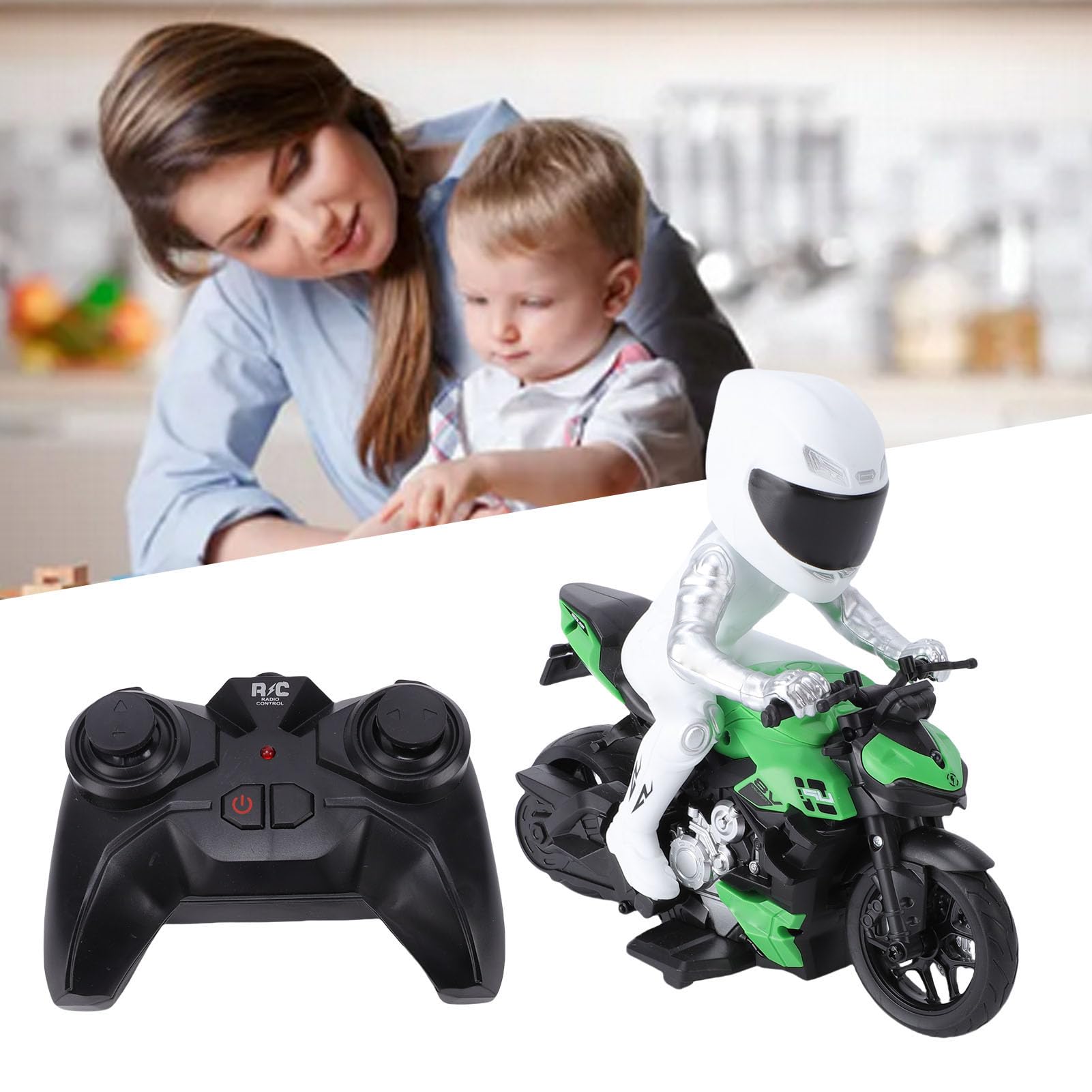 Moto Télécommandée, Moto RC Haute Vitesse Cascade avec Figurine, Effets Lumineux RGB et Moteur électrique, Jouets Rechargeables pour Enfants de 4 à 12 Ans (Green)