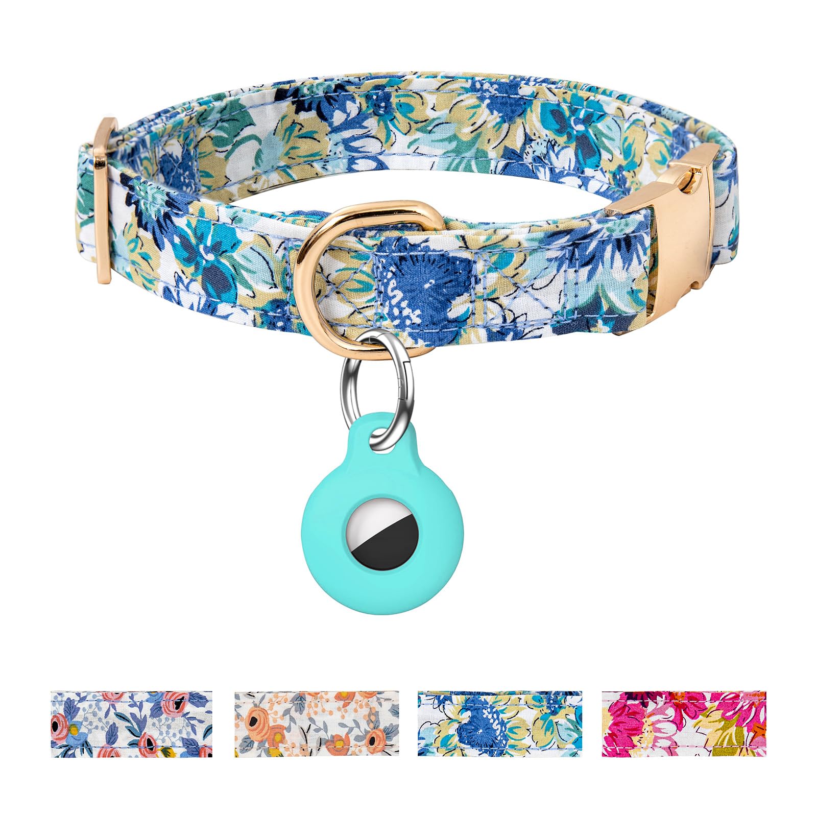 AirTag Dog Collar,Adjustable Dog Collars with AirTag Holder,Cute Puppy Collars with Metal Buckle, Soft Padded Blue Flower Patterns Pet Collar for