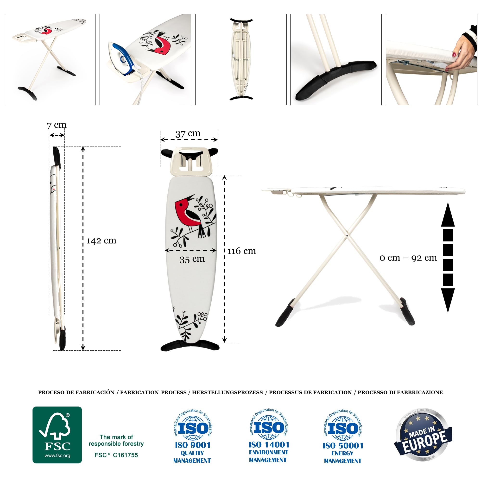 Tabla de Planchar YoungVIP | Área Planchado 116x35 cm | Patas Antideslizantes estables | Protector Suelo | Soporte Plancha | Funda 100% algodón+Relleno | Altura Regulable hasta 92 cm