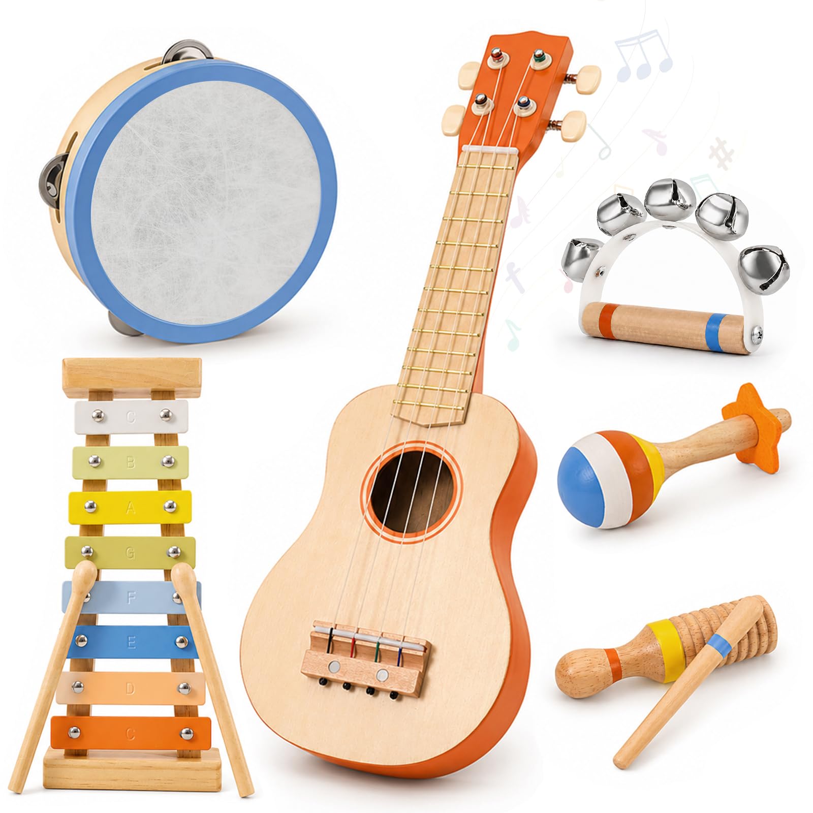 Montessori 6 en 1 Guitarra para niños de 2 a 3 años, instrumentos musicales de madera, ukelele, xilófono, pandereta y maracas, cumpleaños para niños a partir de 2 años