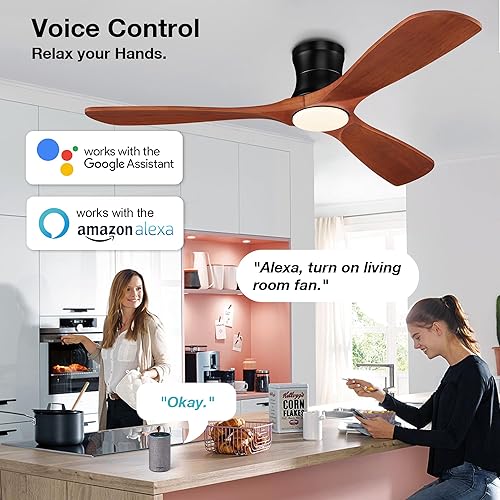 Miniatura 2 de Ventiladores de techo inteligentes de madera de bajo perfil de 52 pulgadas con luces remotas, motor de CC silencioso, ventilador de techo empotrado