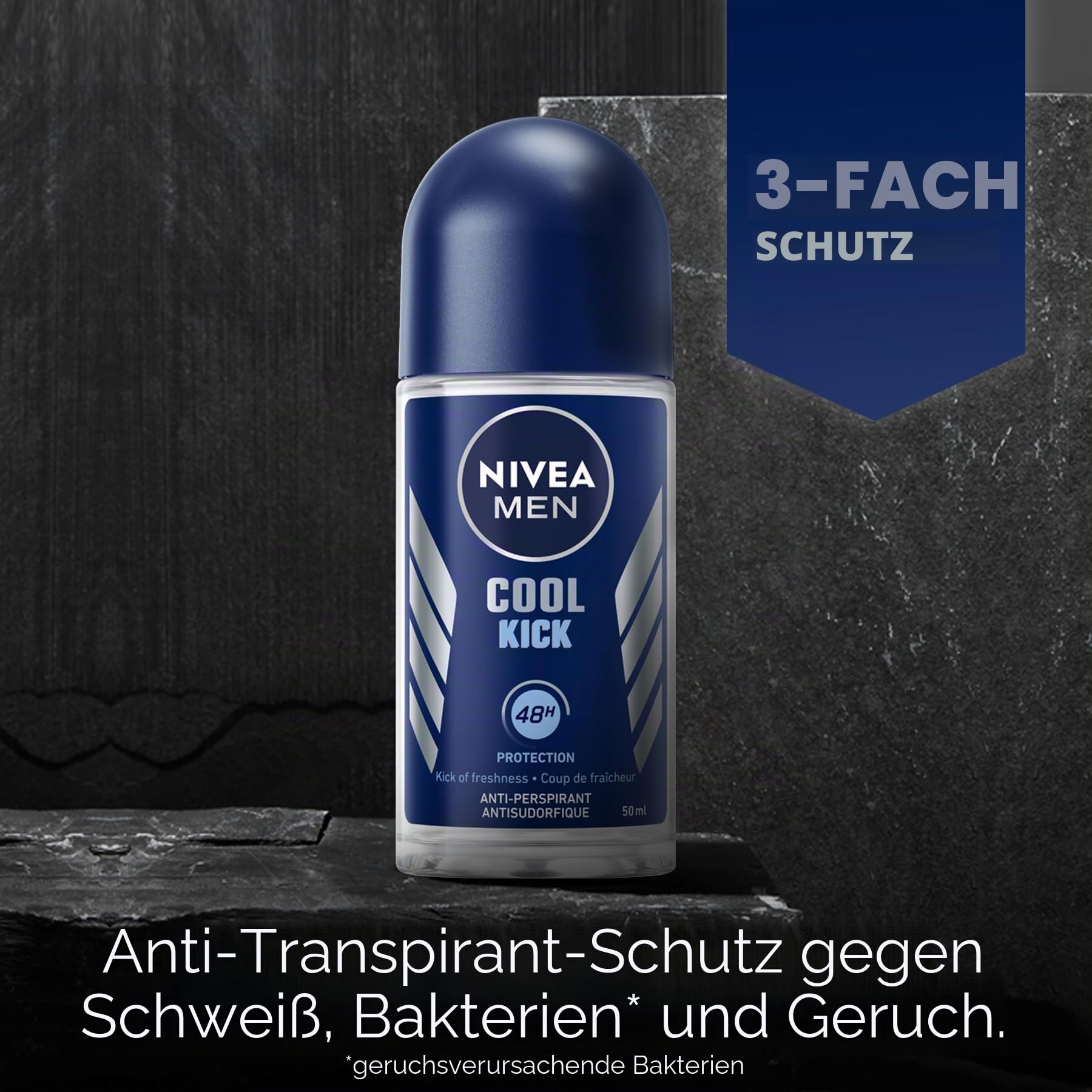 Nivea Men Cool Kick Anti-Transpirant Roll-On (6 x 50 ml), Männer Deo, Fresh 48H Schutz + Cool-Care