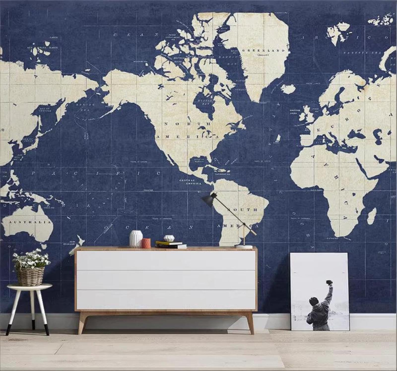 Abstract Retro Minimalist Blue World Map 3D Wallpaper Easy Install Feature Office Living Room Sofa Bedroom TV Background Wall Decoration-350cm×256cm
