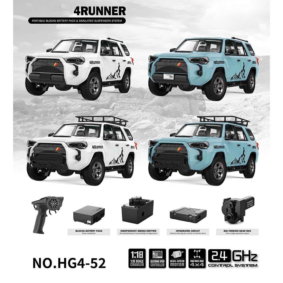 RC Drift Car, HG-52 skala 1/18 2,4 GHz 4WD elektryczny szczotkowany samochód terenowy RC, wspinaczka, idealny prezent urodzinowy dla nastolatków i dorosłych (standardowa wersja RTR/biały)