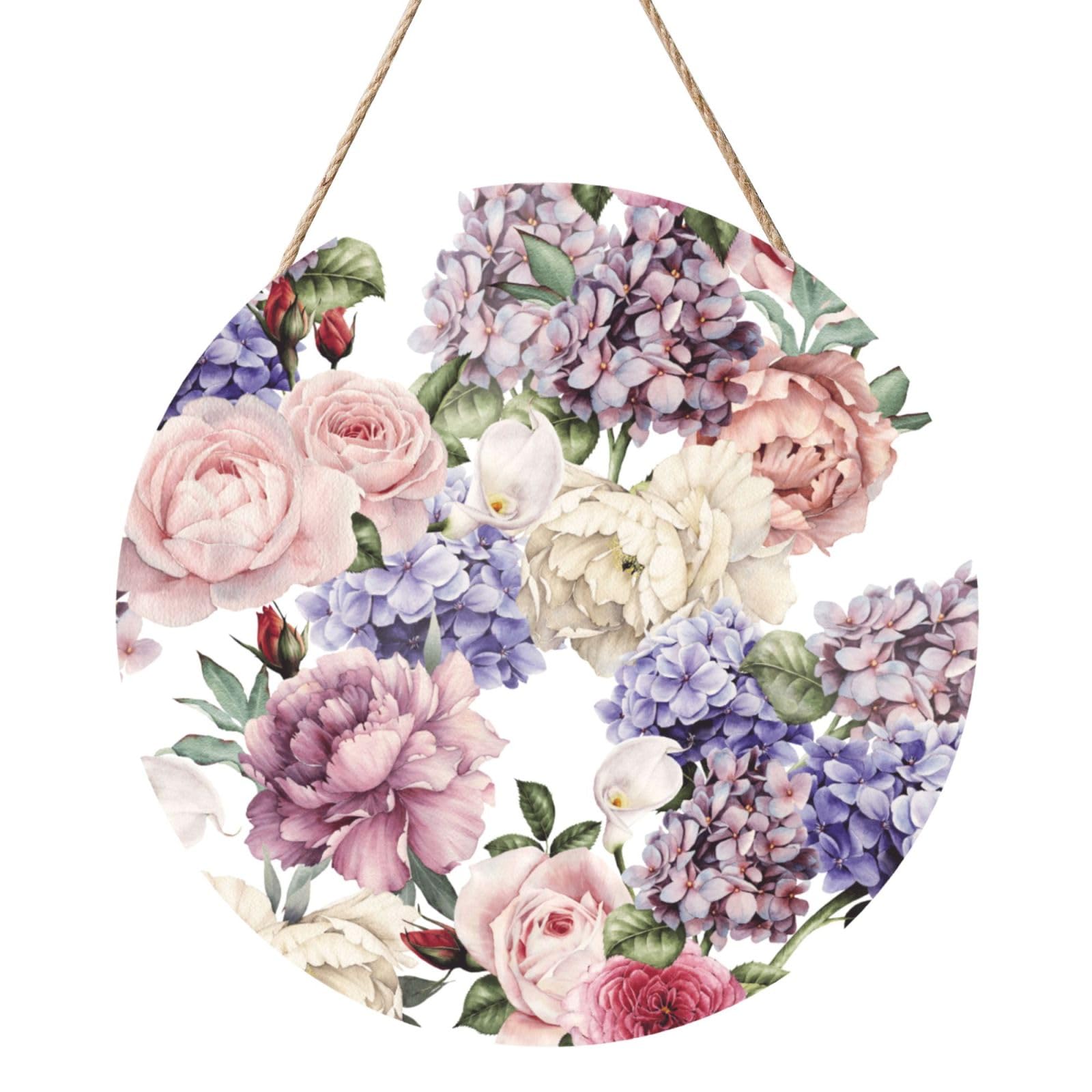 InOmak Floral Watercolor Flower, Round Wood Panel Painting 12 in, Wall Hanging Painting For Home