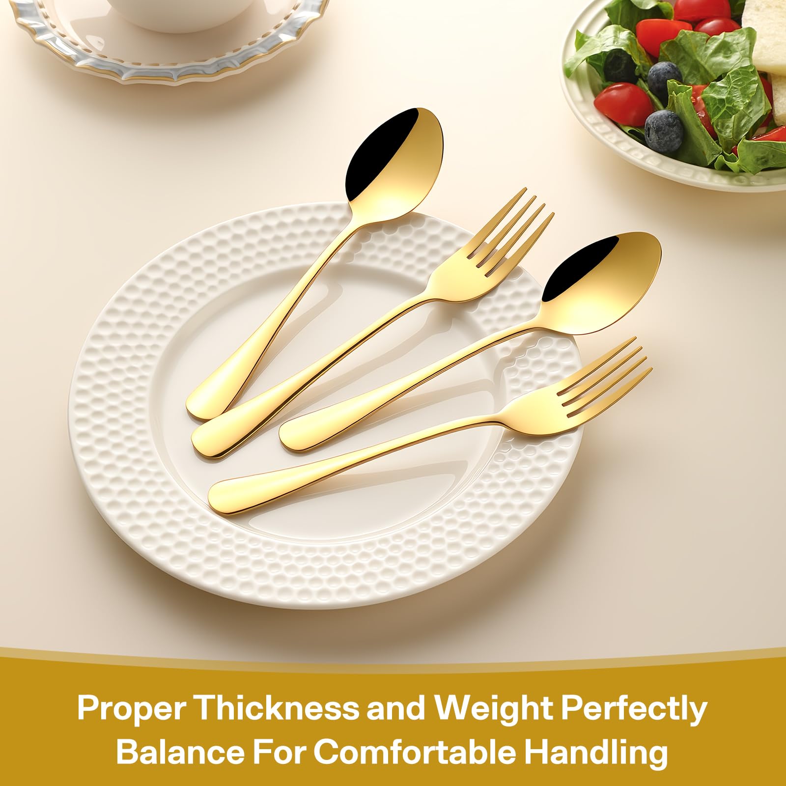12 Pieces Spoons and Forks Set,Food Grade Stainless Steel Flatware Cutlery Set,6 Forks(6.8 inch)and 6 Spoons(6.6inch)Silverware Set for Home,Kitchen,Restaurant-Mirror Polished & Dishwasher Safe(Gold) — Amazon image 3