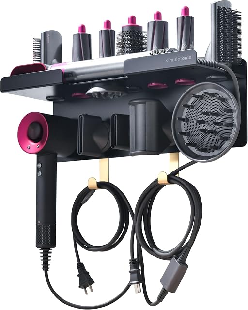 simpletome 2 IN 1 Wall Mount Holder for Dyson Airwrap Styler Supersonic Hair Dryer Storage Dyson Attachments and Accessories with Cable Organizer (Without Wide-Tooth Comb Slot)