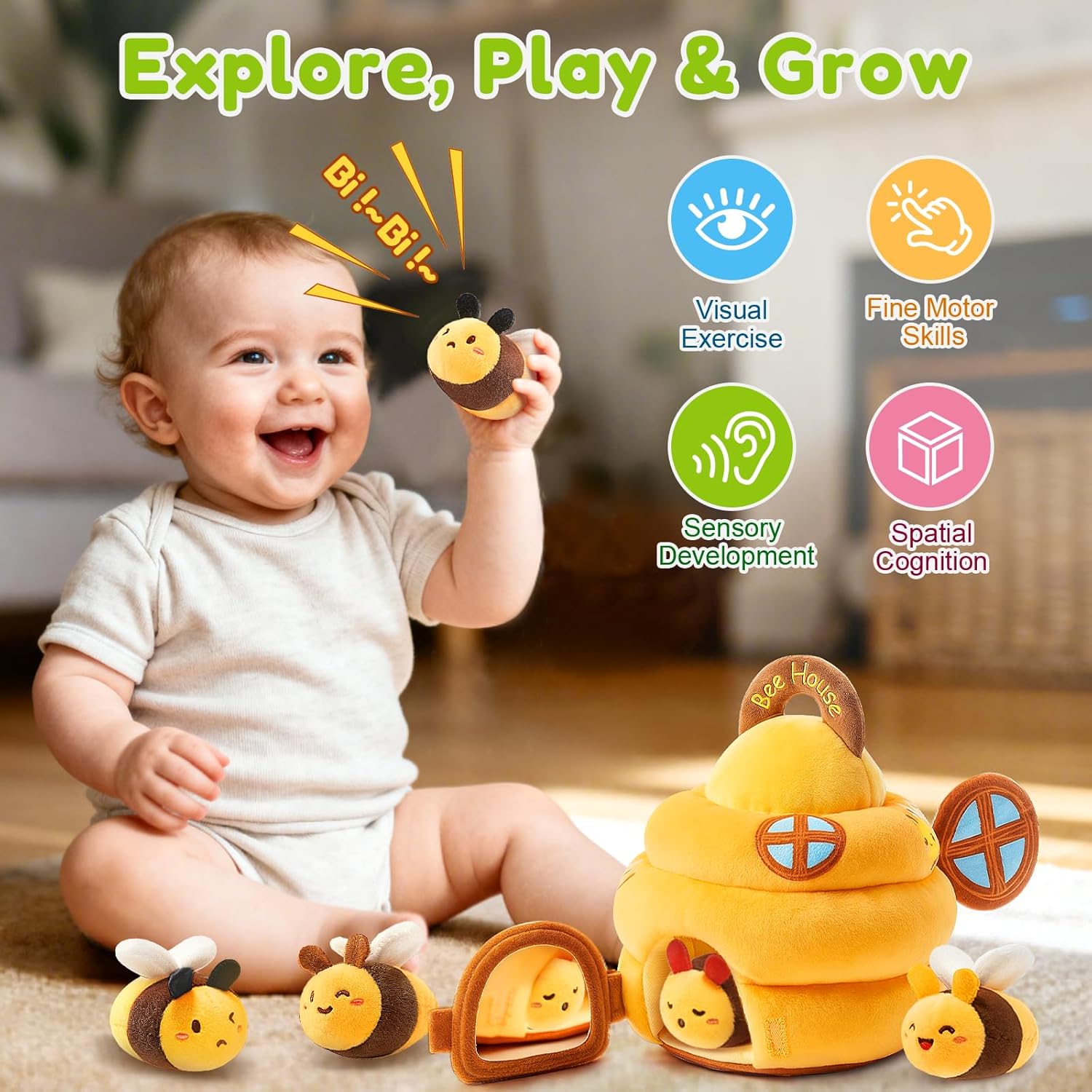Baby Toys 6-12 Months - Soft Beehive Infant Toy with 5 Sensory Bees, Rattle, Crinkle, Squeaker, Mirror & Music, Montessori Toys for Babies 3 6 9 12 18 Months, Baby Boys Girls Christmas Birthday Gifts - Image 2