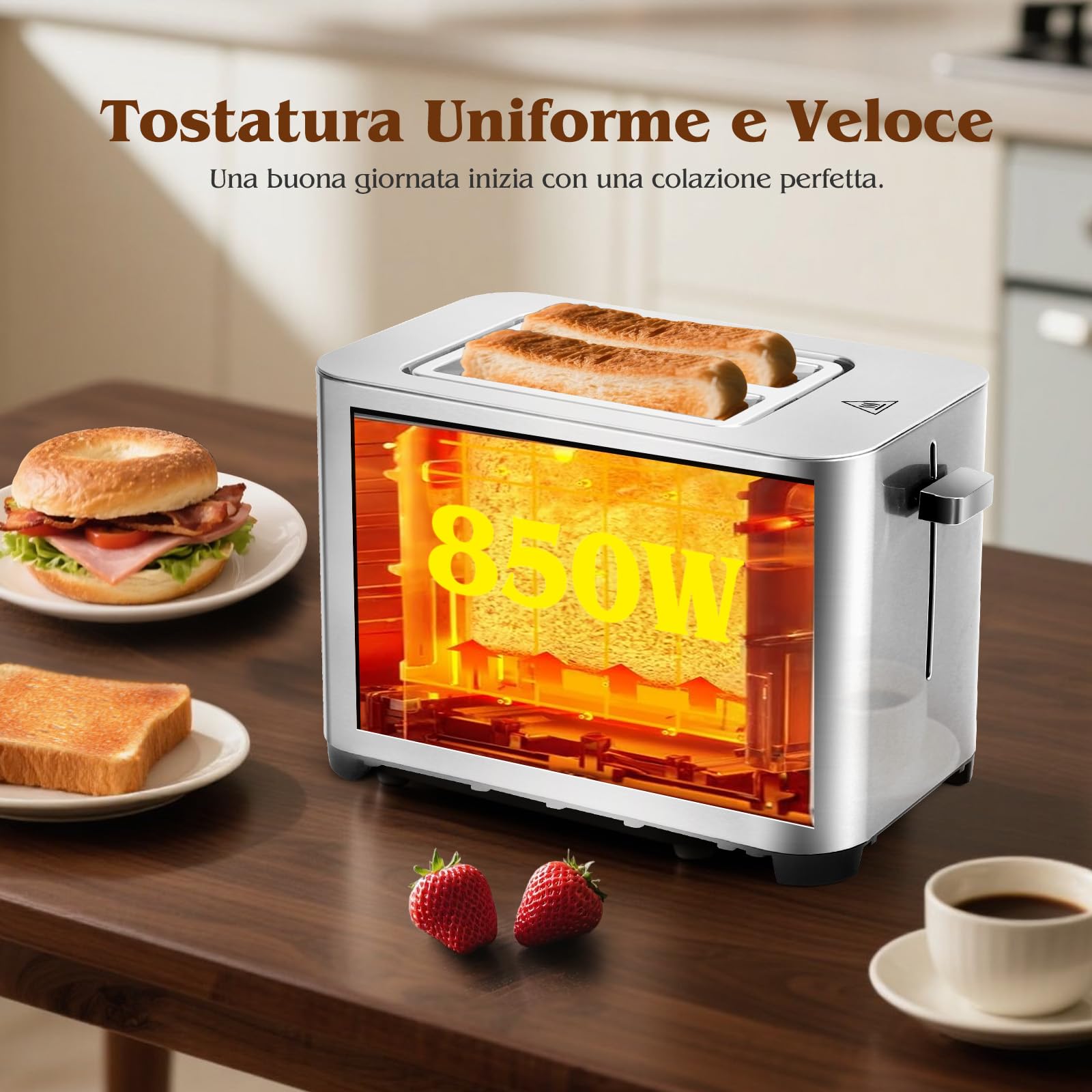 Aigostar Tostapane 2 Fette, LED Touchscreen, Fessure Extra Larghe da 4cm e Centratura Automatica, Tostapane con 6 Livelli di Tostatura, Funzioni di Riscaldamento/Scongelamento/Stop, 850W, Acciaio Inox