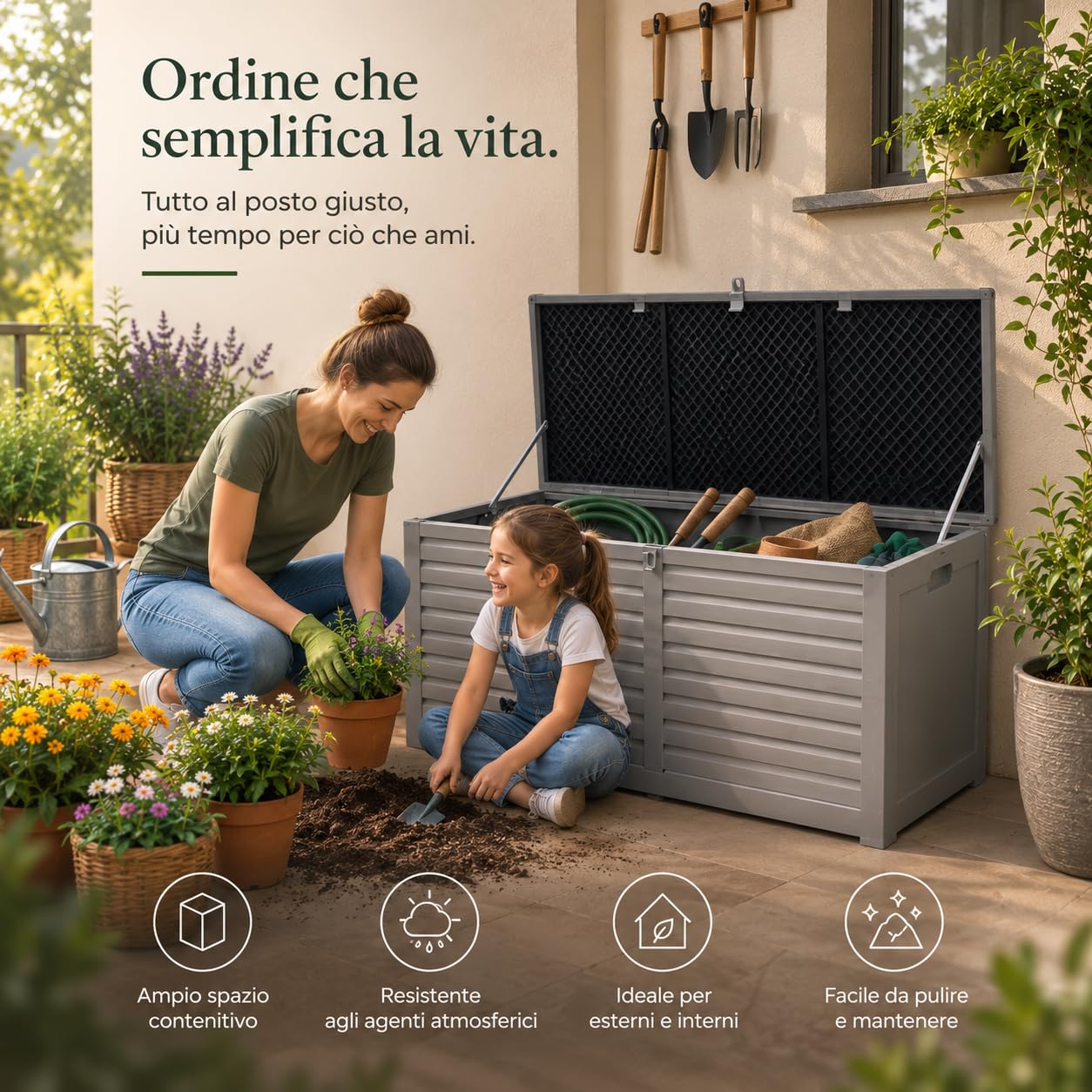 Baule Contenitore da Esterno In Resina 390 L | chiusura predisposta per lucchetto e apertura assistita, dimensioni 143.5x53.4x56.8 cm