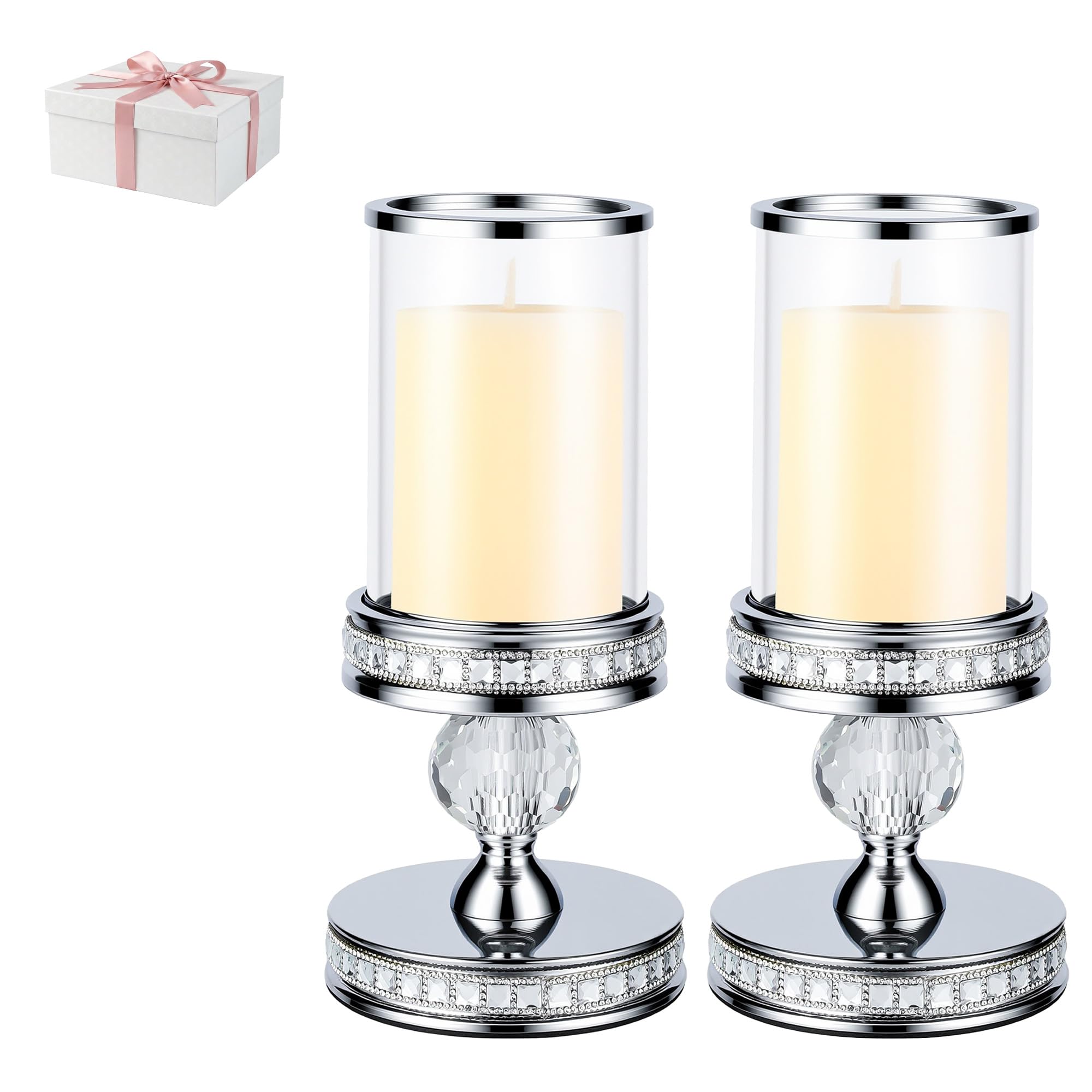 Hurricane Kerzenhalter, Stumpenkerzenhalter mit Glashülse mit Geschenk-Box, Kristall-Kerzenständer für Hauseinweihung, Hochzeit, Esszimmer-Dekoration, Tischdekoration (2, Silber, S)