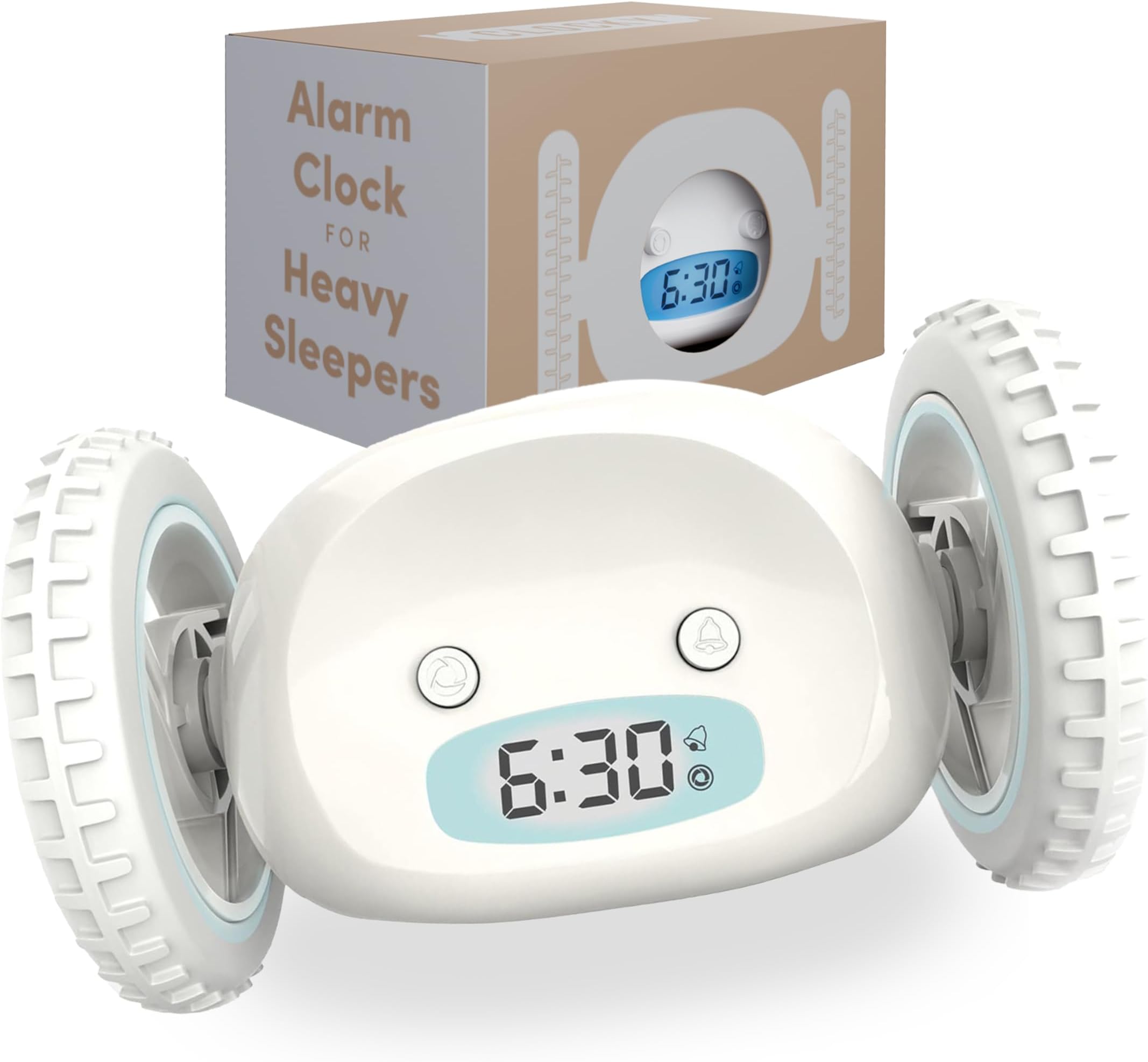 CLOCKY Alarm Clock on Wheels (Authentic) | Extra Loud for Heavy Sleeper (Adult or Kid Bed-Room Robot Clockie) Funny, Rolling, Run-away, Moving, Jumping (White)