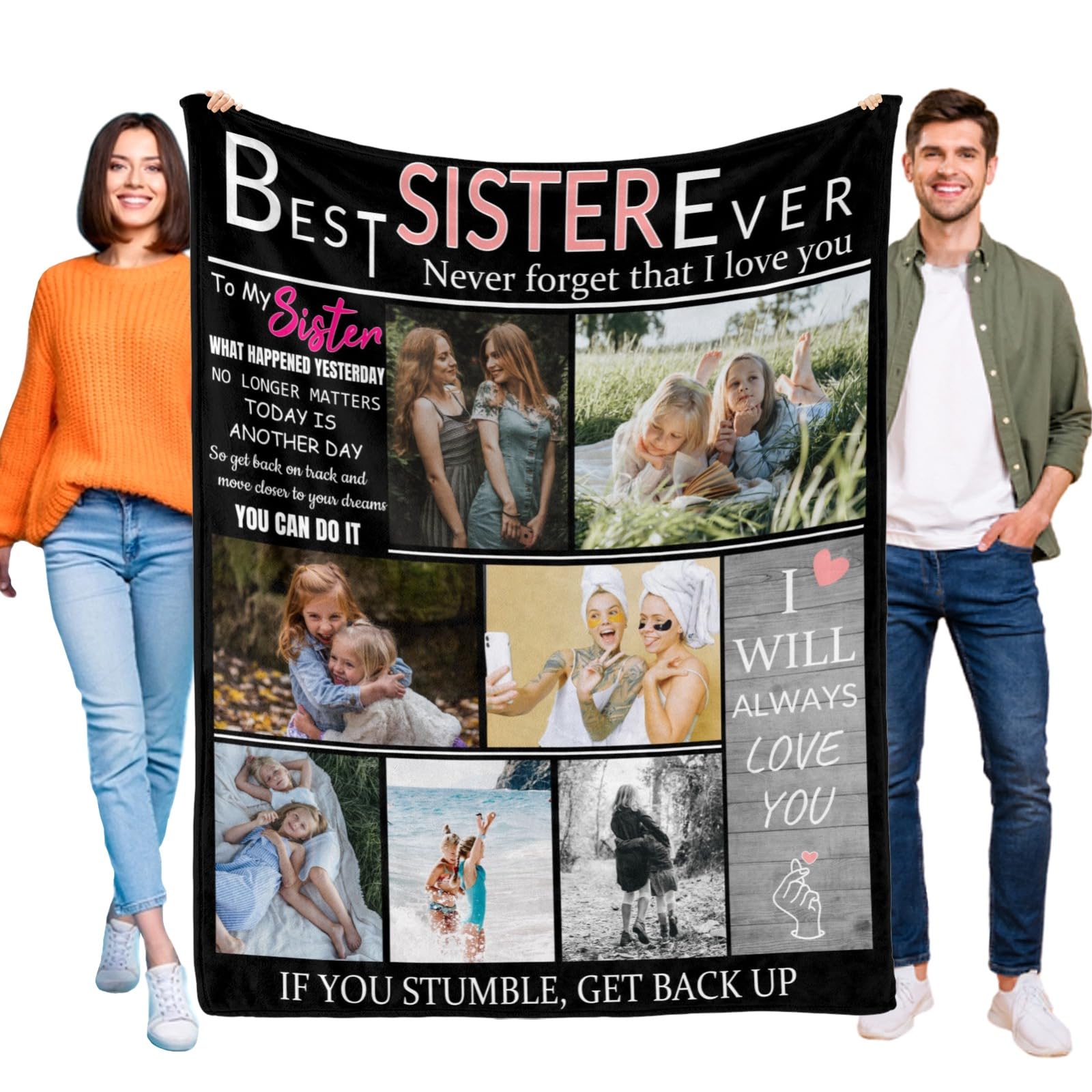 Custom Blanket with Photo, Make a Personalized Sister Blanket Gifts for Sisters, Customizable Memories Souvenir Throw Blankets with Pictures for Best Sisters Ever, 7 Collage Made in USA