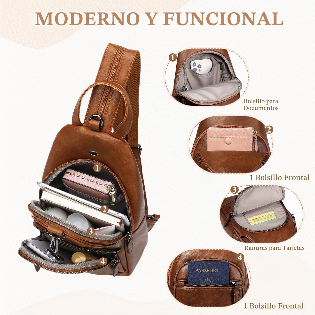 RAVUO Mochila Mujer Pequeña Casual Bolso Mochila Bandolera de Cuero PU Moda Bolsos Pecho de Piel Mini Crossbody Sling Bag para Viaje Trabajo,Marrón