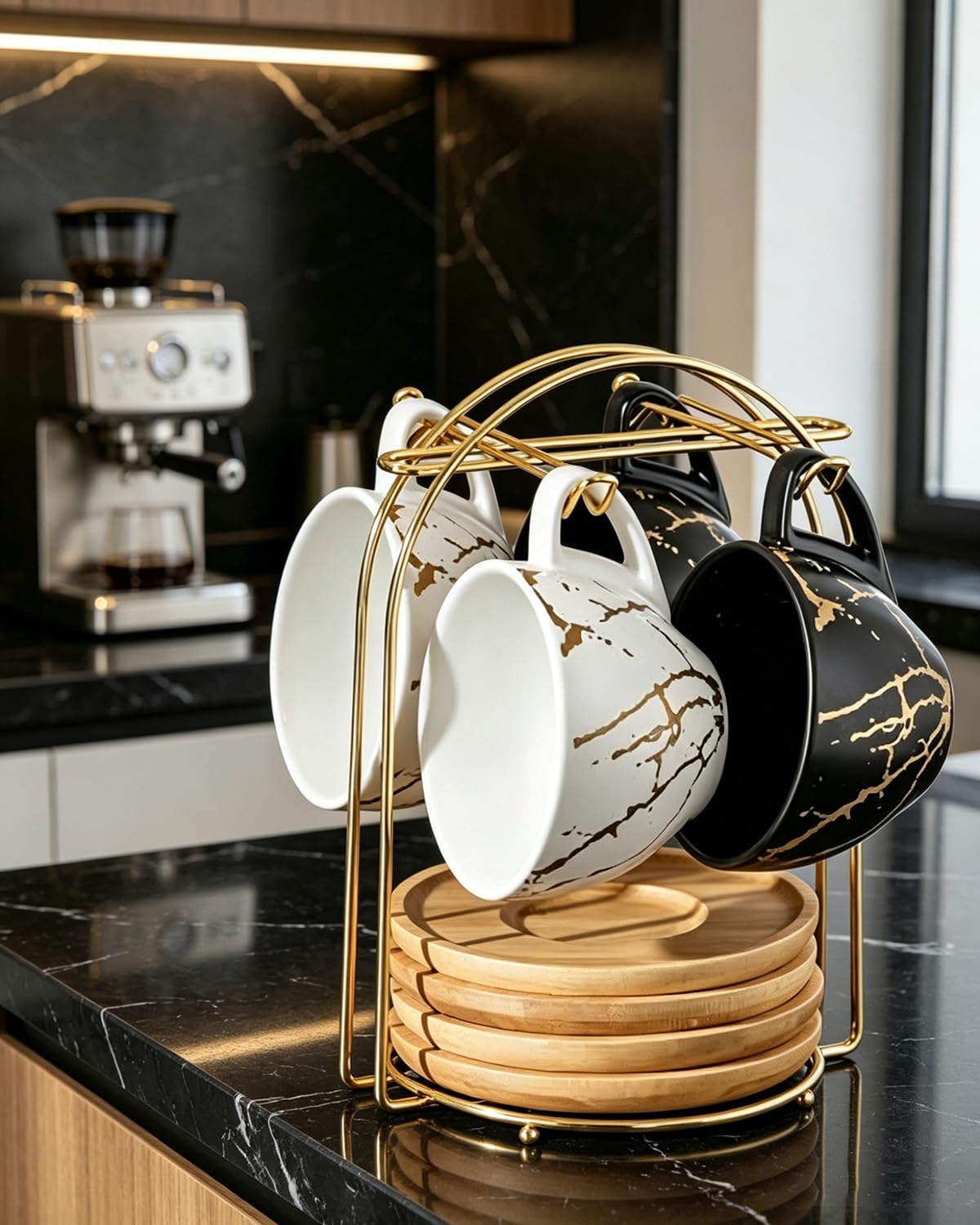 HOME DECOR tasses à cappuccino en céramique 4x(220 ml) – Noir et blanc | Avec soucoupe et support, décalque unique, compatible micro-ondes et lave-vaisselle, pour cappuccino, latte et thé