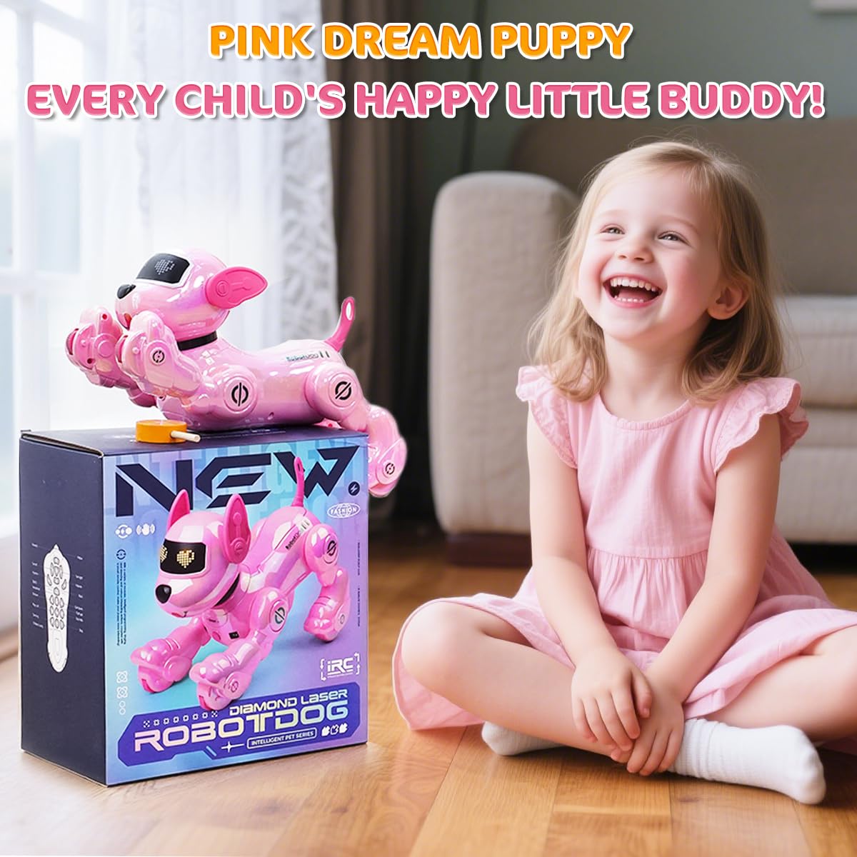 VATOS Perro Robot Recargable para Niños, Perro Robot con Control Remoto, Programable,17 Funciones Interactivas y Volumen Ajustable; Juguete de Cachorro Robot Que Canta y Baila, Regalo para Niñas,Rosa