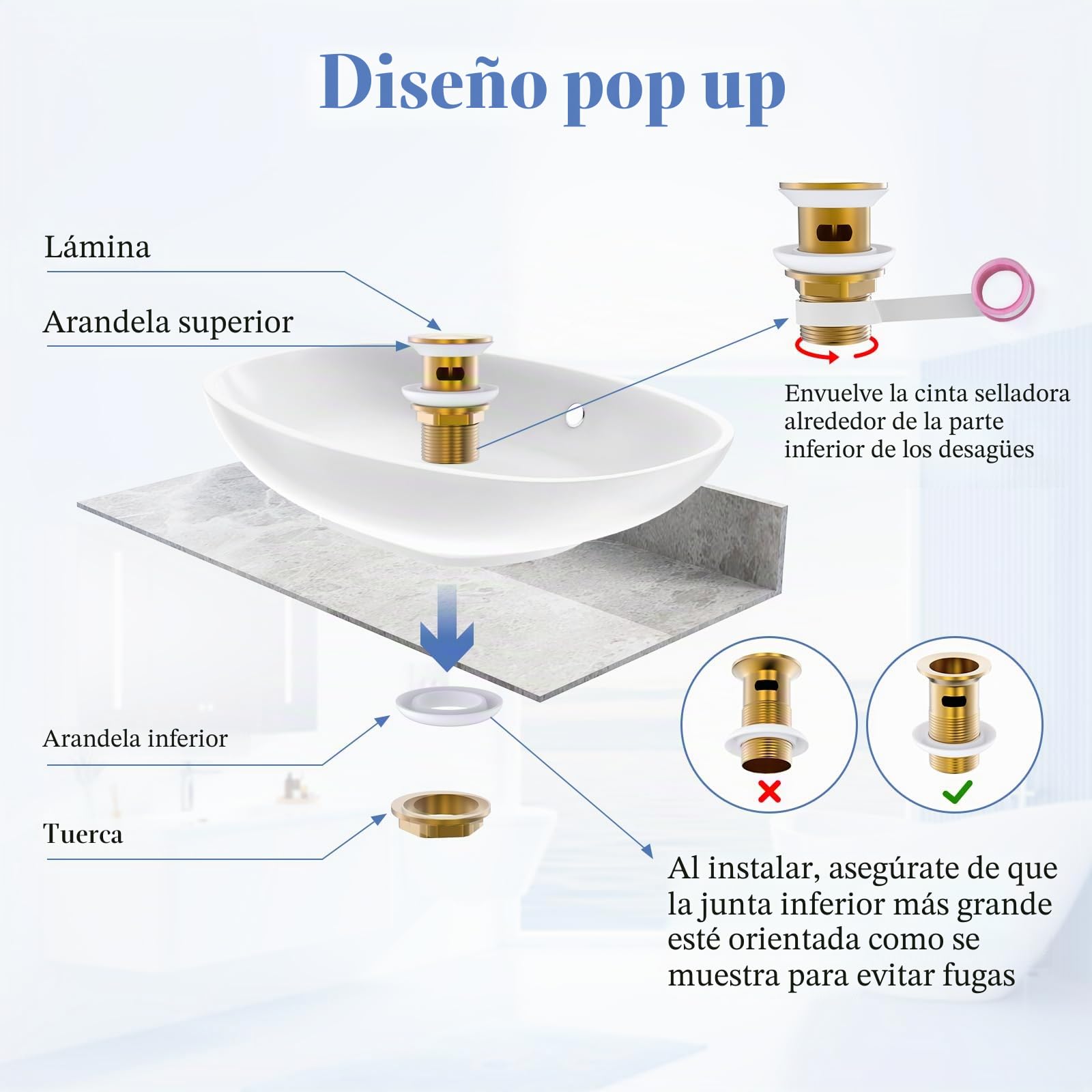 Grifo monomando dorado para lavabo con desagüe, monomando dorado, monomando para lavabo, con desagüe desplegable, mono-cuadrado