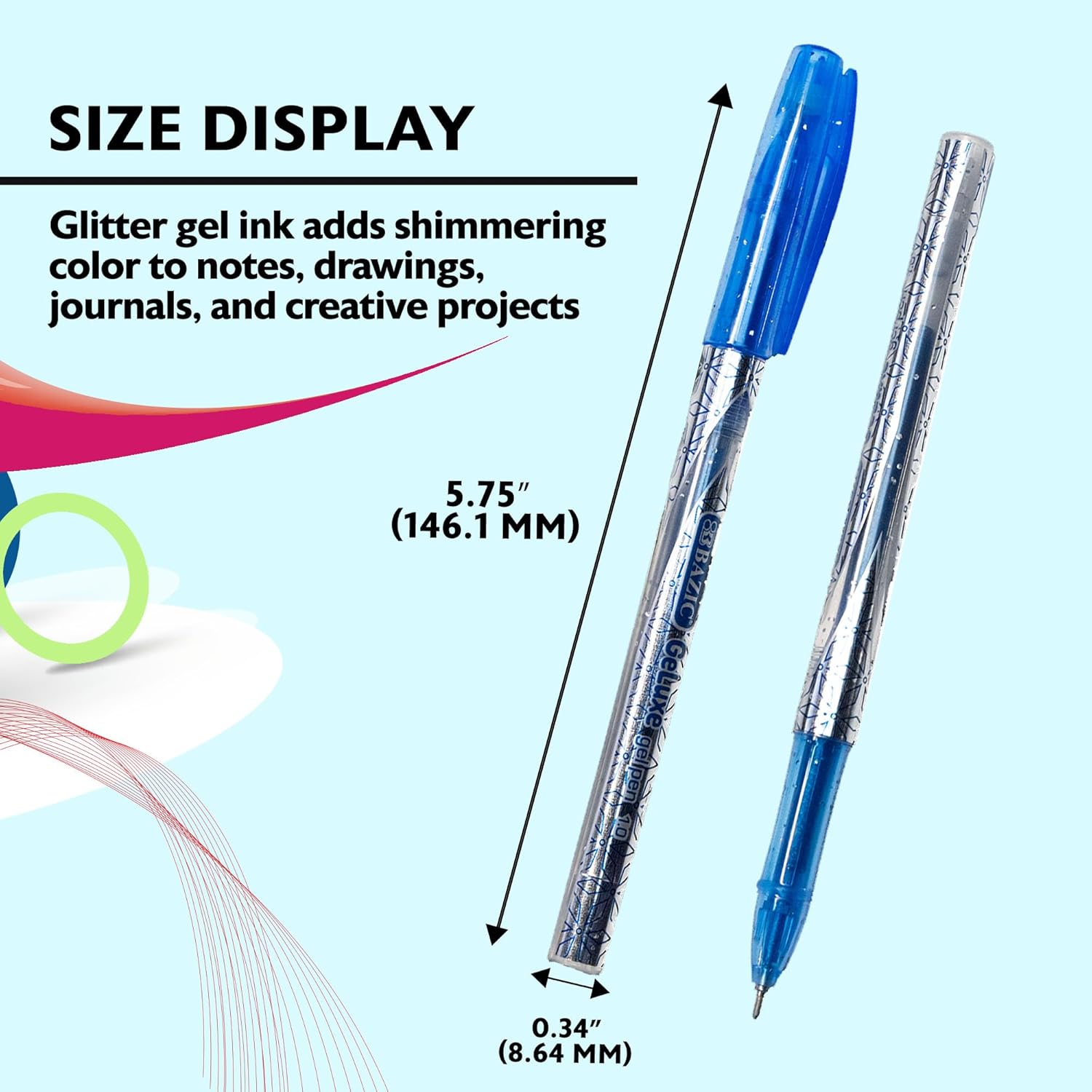 BAZIC Products GeLuxe Gel Ink Roller Pen, Assorted Glitter Colors, 1.0 mm Medium Point, Smooth Writing Rollerball Pens, for Office School (6/Pack), 144-Pack