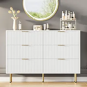GarveeHome 6 Drawers Dresser for Bedroom, Fluted Dresser Chest of Drawers with Handle, Wood Modern Dressers for Closet, Bedroom Furniture Storage Organizer for Living Room, Hallway