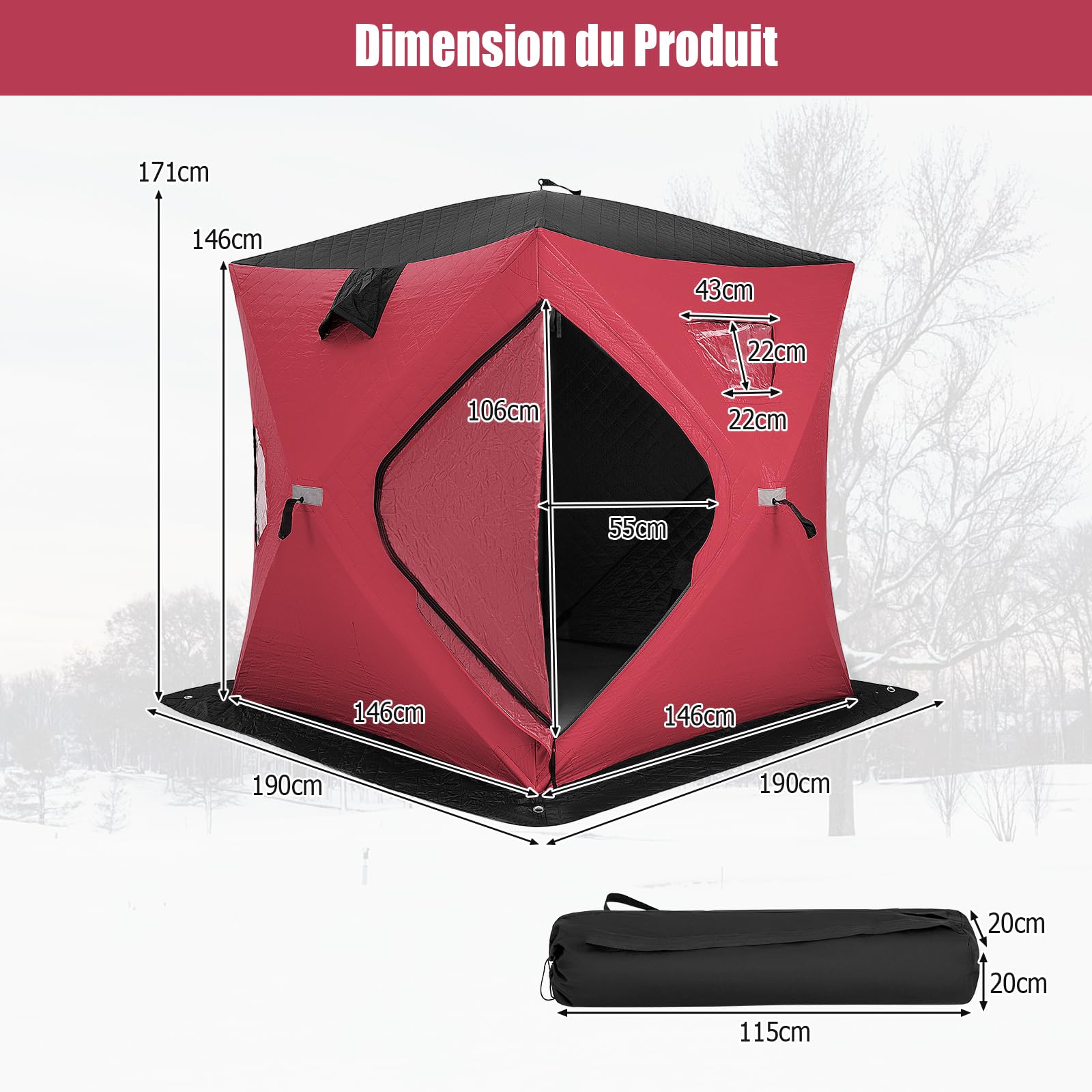 COSTWAY Tente de Pêche sur Glace Portable 2x2M, Abri de Pêche Isolé Pop-Up pour 2 Personnes avec Fenêtres Porte Zippée Aérations Sac de Transport, Cabane de Glace Imperméable d'hiver