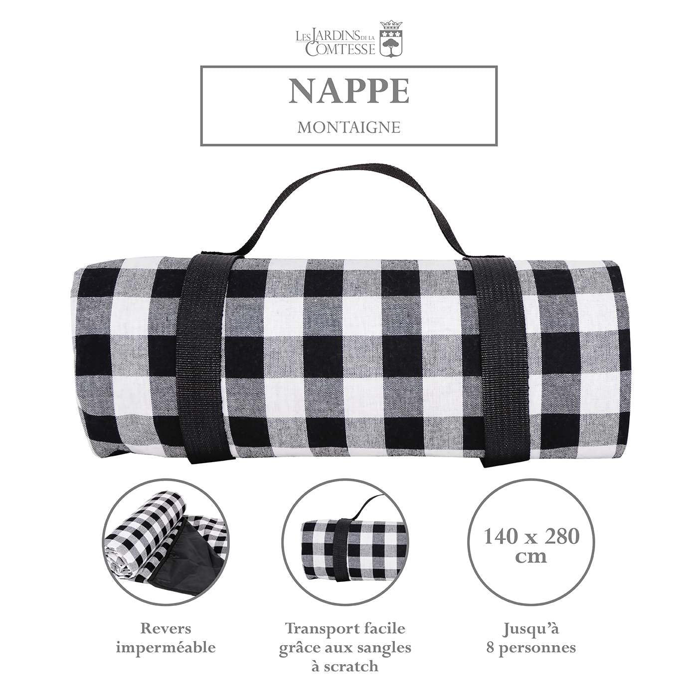 Les Jardins de la Comtesse – Mantel de picnic rectangular a cuadros negros – Algodón y solapa impermeable de poliéster – 280 x 140 cm – Negro/Blanco – 8/12 personas – Alfombra/manta de picnic