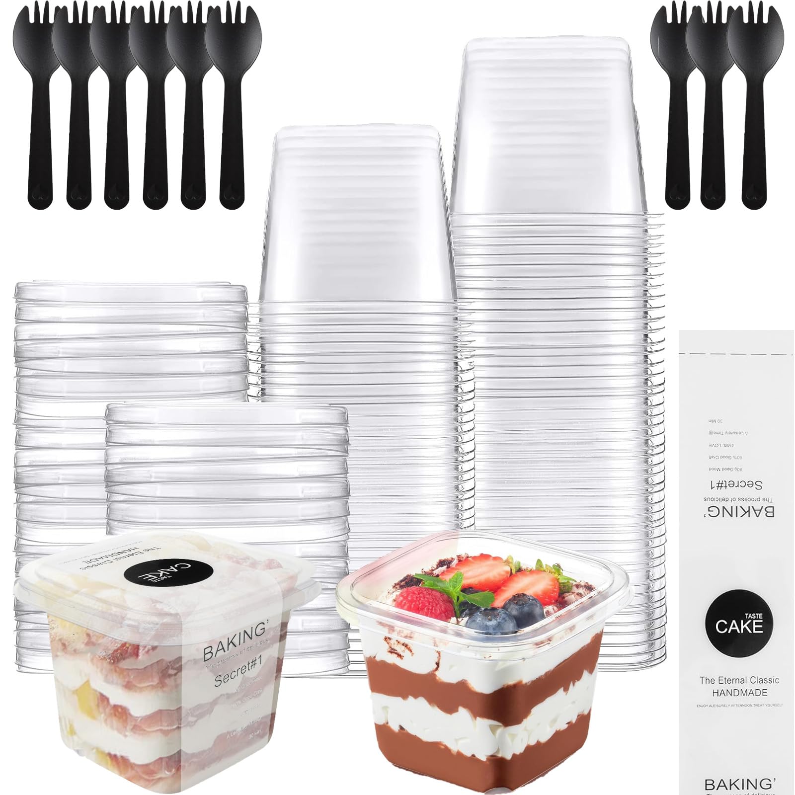 MUXHEL 100 Set Plastic Dessert Cups with Lids 400ml/14oz Cheesecake Pots with Lids Reusable Dessert Pots with lids and spoons for Chocolate Desserts, Pudding, Fruit, Mousse, Ice Cream