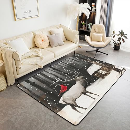 Erosebridal Alfombra de área de Feliz Navidad para niños, cardenales rojos, alfombra de sala de estar, 3 x 5 mas, alfombra decorativa de cabaña