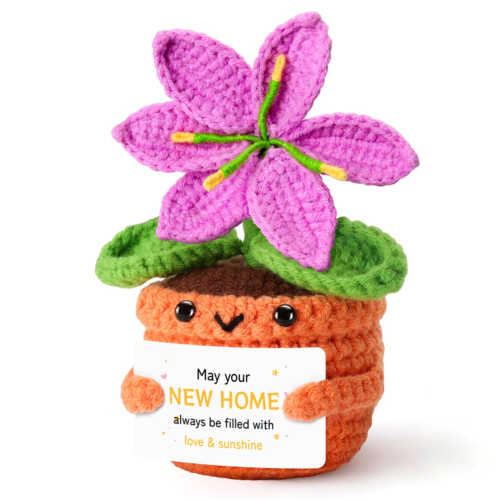 New Home Gifts Crochet Lily Pot, Handmade Positive Sunflower Crochet with Message Card, House Warming Gifts New Home for Couple Friends Family, Housewarming Gift for Homes, Soft Flower Decor