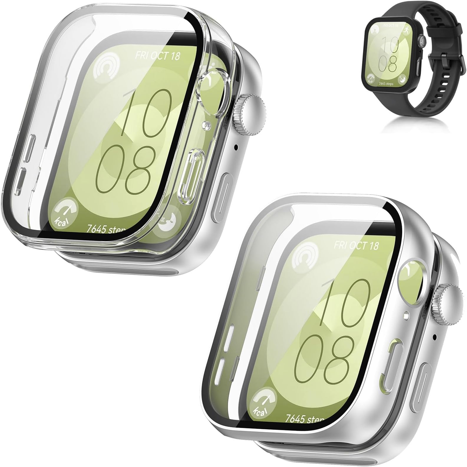Huawei Watch Fit 3 Screen Protector Case, Full Coverage Slim Hard Case Protective Bumper Built-in Tempered Glass Screen Protector Shell Cover (Clear+Silvery)