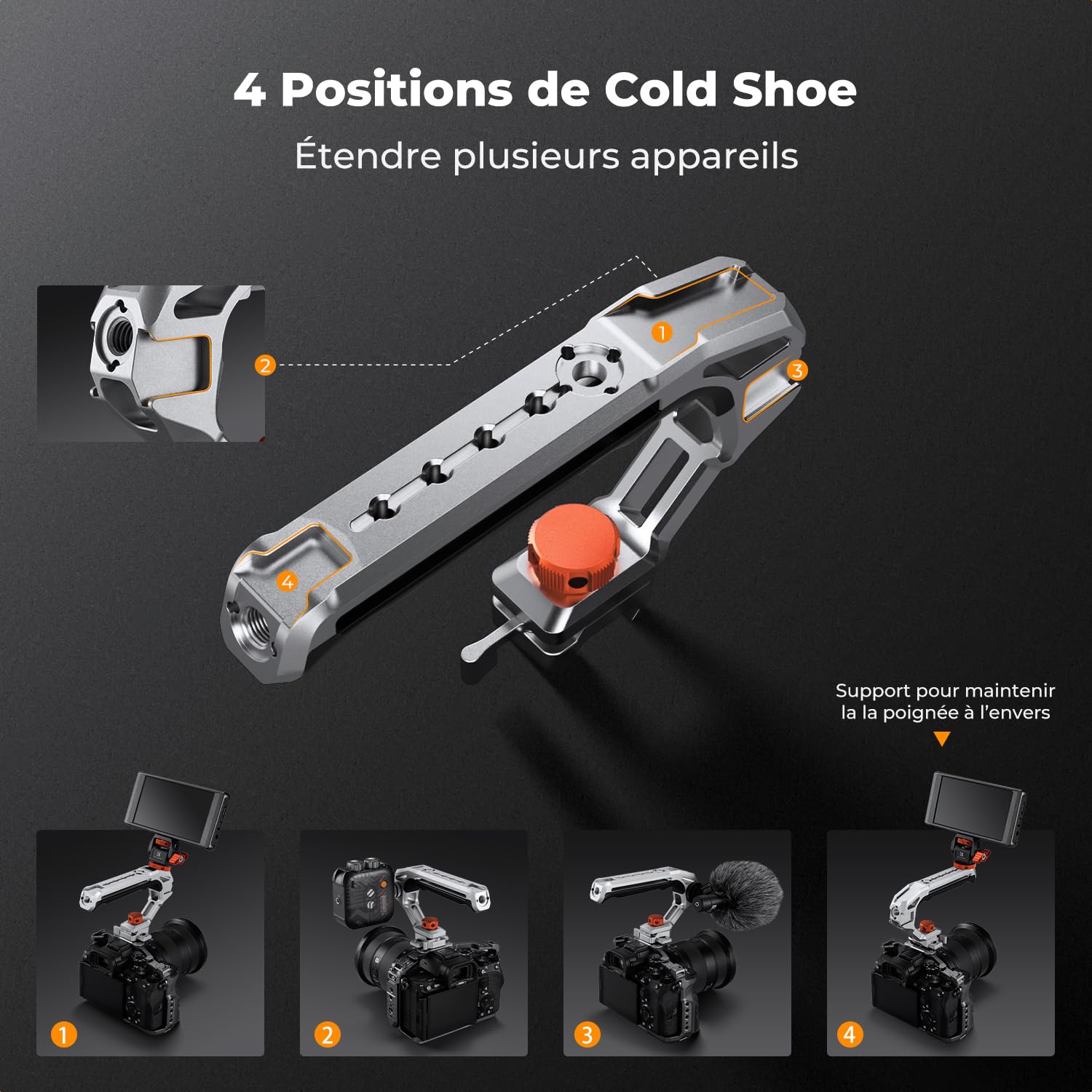 K&F CONCEPT Poignée Supérieure Métal avec Système Rail NATO et Arri 3/8"-16 Cold Shoe Vis 1/4" Capacité de Charge Jusqu'à 10 kg Ergonomique Solide pour Caméra Appareil Photo