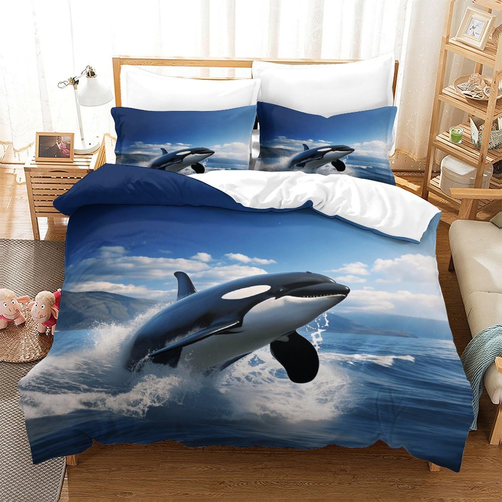 Xiaopangxy Boys Killer Whale Lovingly Quilt Cover Set Hidden Zipper Orca Duvet Cover Set With Pillowcases Bed Linen Set Soft Microfiber Comforter Cover For Kids Adults Double（200X200cm）