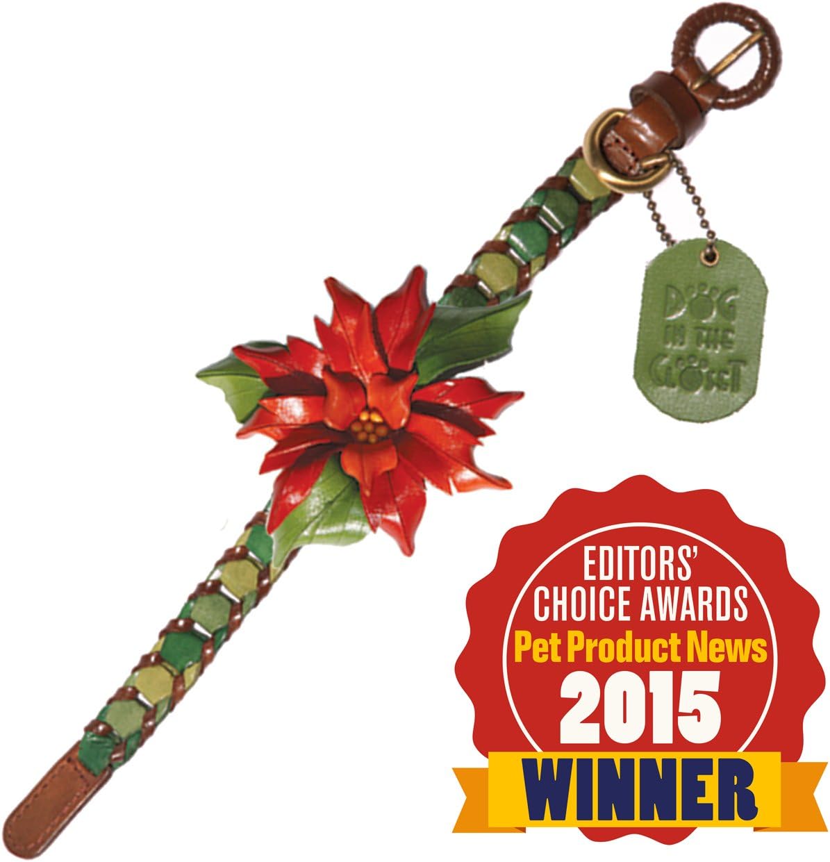 Shades of Green Leather Dog Collar with Poinsettia Attachment - 18"